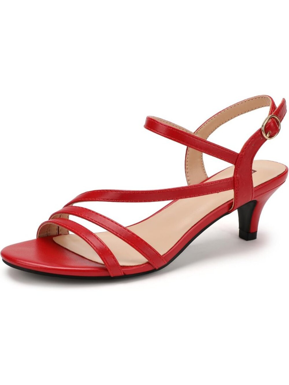 Women's Red PU Low Kitten Heels Open Toe Heel Buckle Ankle Strap Sandals